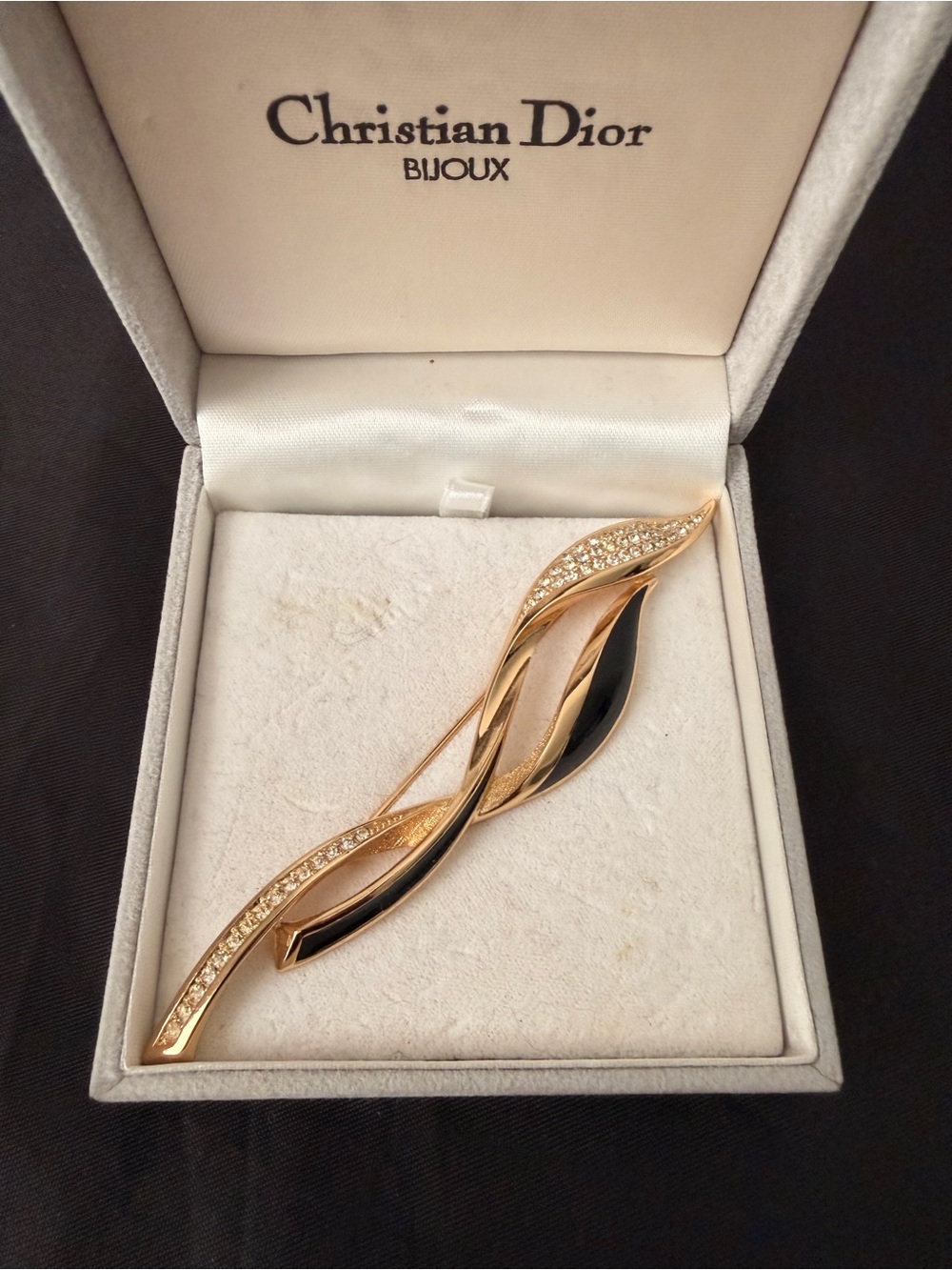 Auth Christian Dior Black Enamel and Crystal Brooch
